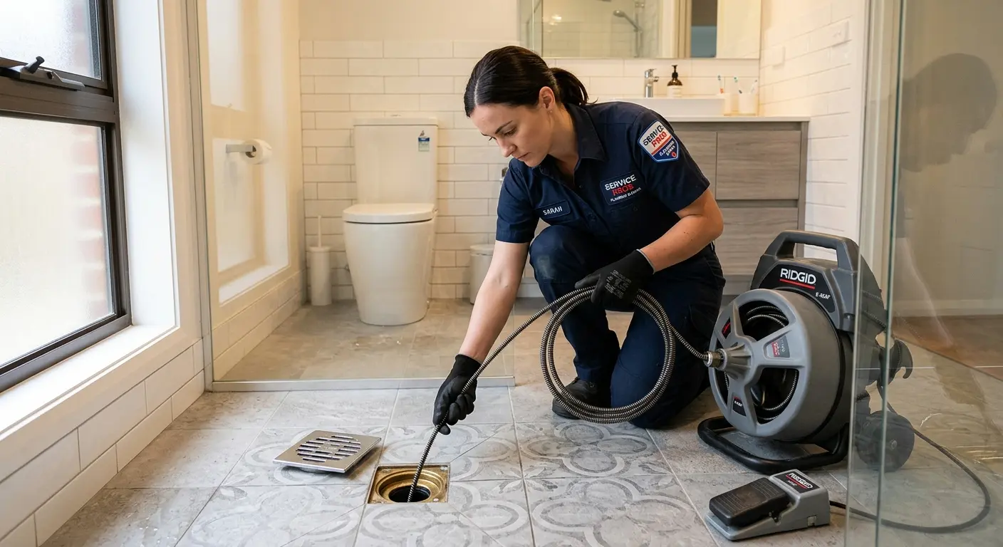 Technician clearing a bathroom floor drain for Sewer Line Installation in Sultan
